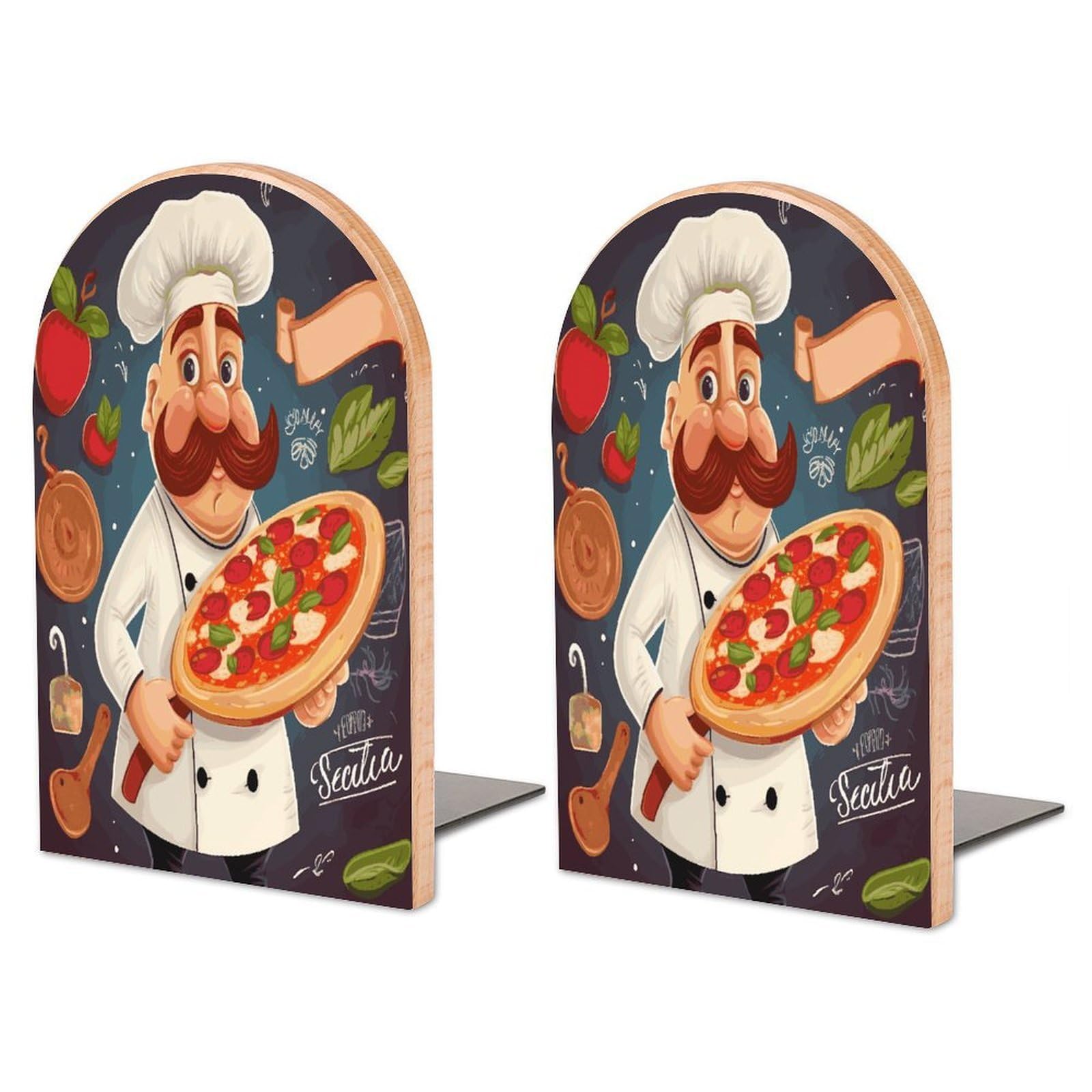 Chef Pizza Wood Bookend for Shelves 1 Pair