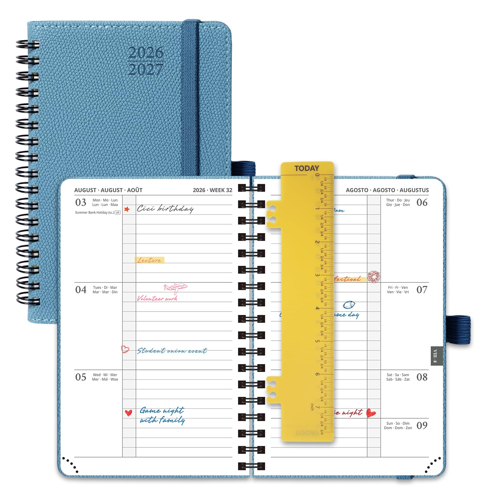 POPRUN 2026-2027 A6 Academic Diary Week to View (16x10.5 cm) Soft Cover Spiral Horizontal Weekly Planner 17 Months (Aug'26 - Dec'27) Mid Year 26/27(Aquamarine)