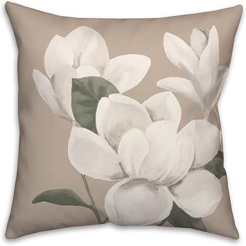 Magnolia Flowers Throw Pillow | Decorative Pillows for Living Room Couch Bed Sofa, Fluffy Soft Cushion | Cream, 18x18