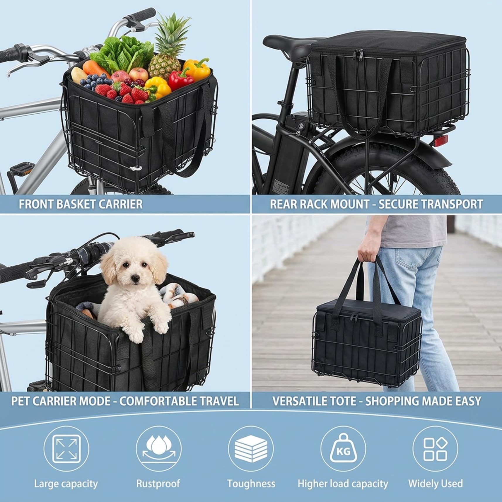 Cesta Delantera para Bicicleta, Cesta de Metal Plegable Resistente con Bolsa Interior, cestas de Carga de fácil Montaje para montaña, Ciudad, Accesorios para Bicicletas eléctricas, para