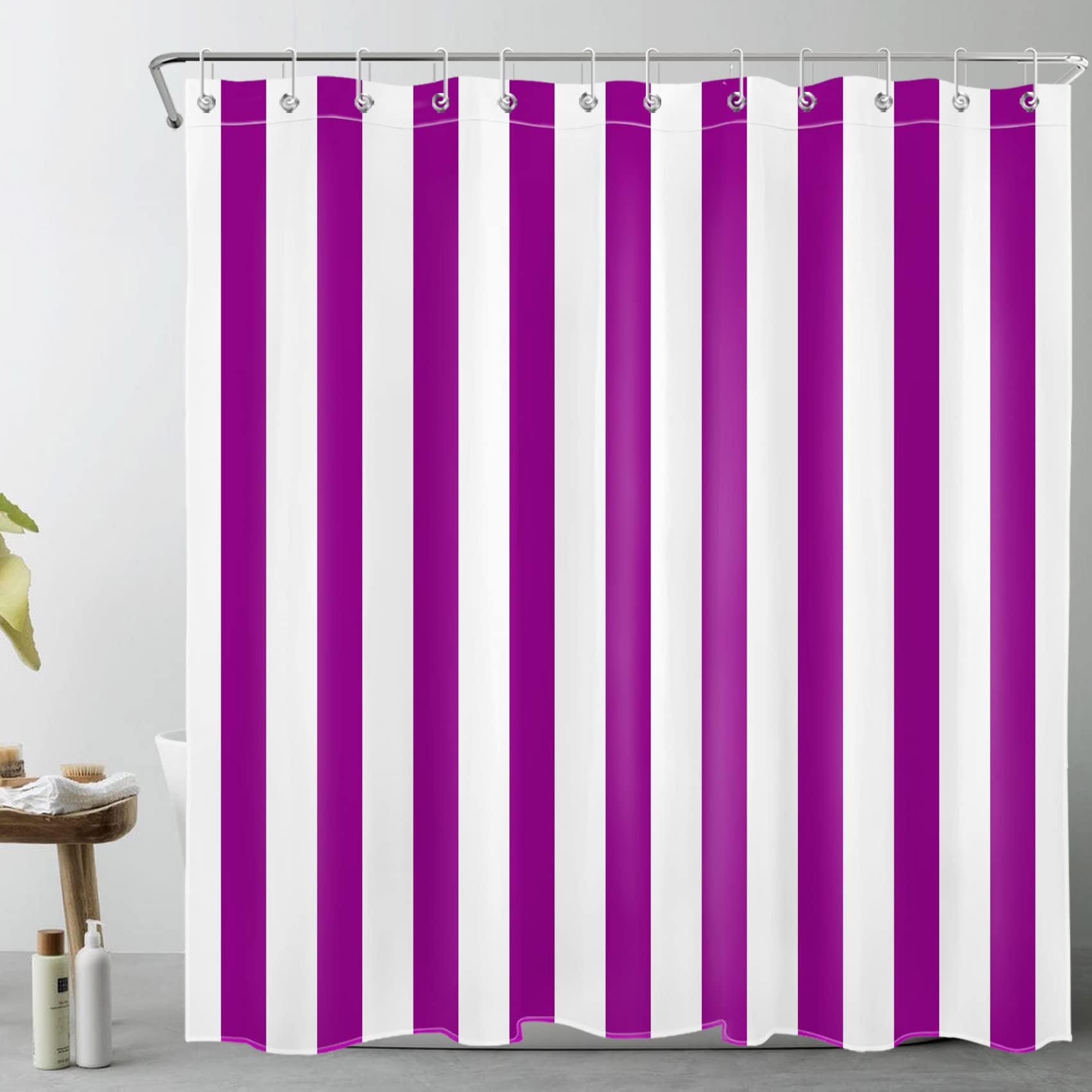 Rideau de douche en tissu imperméable avec 12 crochets violet et blanc