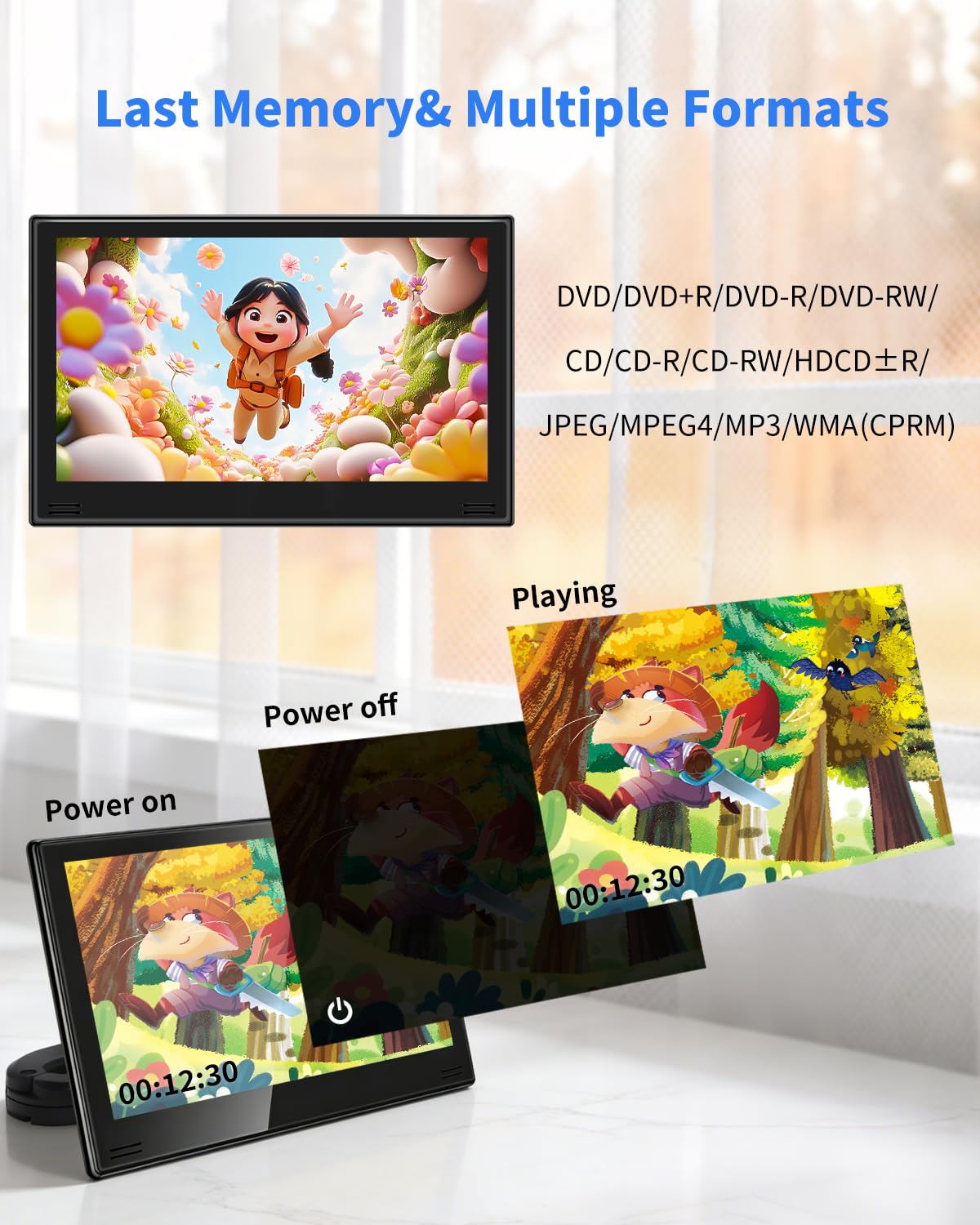 Lecteur DVD de voiture 11,6" avec entrée HDMI, lecteur DVD portable avec support d'appui-tête, entrée disque avec ventouse, prend en charge la dernière mémoire, USB/carte TF