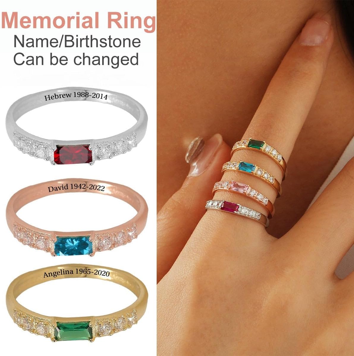 Personalized Birthstone Memorial Ring, Custom Engraved Memorial Jewelry For Women Men, Birthday Gifts Memorial Gifts, Birthstone Rings For Couple Women Men, Jewelry Anniversary Birthday Gifts