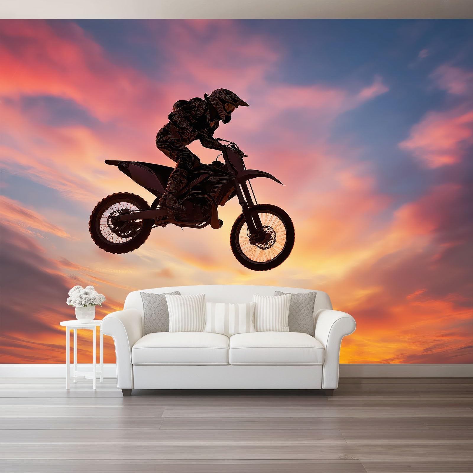 Duża fototapeta z włókniny 350 x 256 cm, dla motocyklistów, wyścigów terenowych, tapeta do sypialni i salonu, żółty zachód słońca