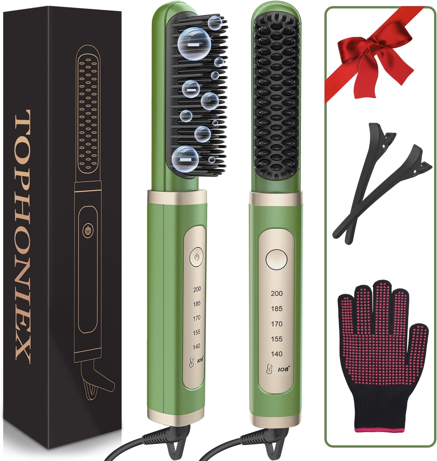 【2022 Upgraded】Hair Straightening Brush, Tophoniex 3 in 1 Negative Ion Hair Straightener Brush 25s Fast Heating Ceramic Professional with Adjustable Temperature Hair Straighteners for Women(Green)