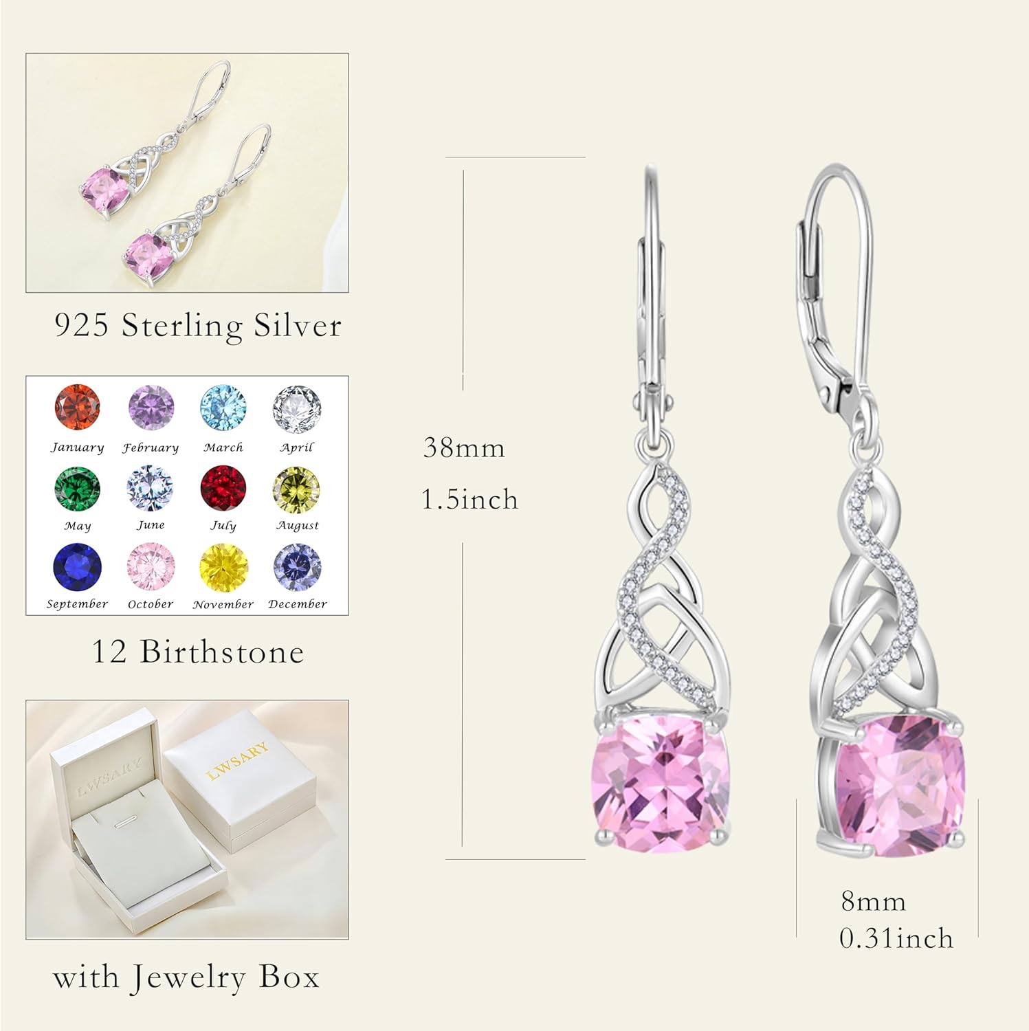 Infinity Celtic Knot Dangle Drop Earrings 925 Sterling Silver Princess Cut Leverback Earrings with Birthstone Irish Jewelry Gifts for Women - Image 6
