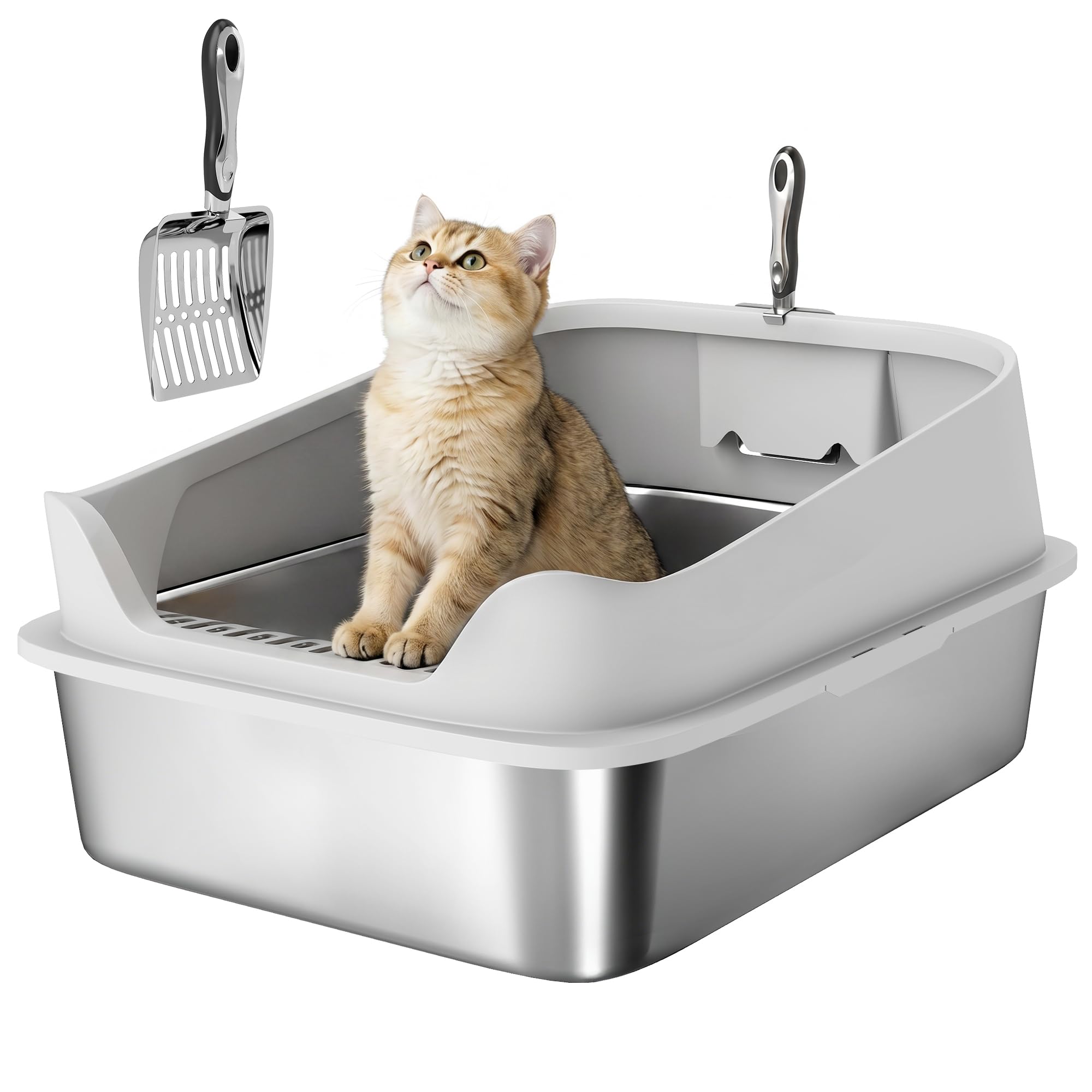 PawHut Arenero para Gatos de Acero Inoxidable XXL, Caja de Arena para Gatos, Arenero con Borde Alto, Pala Metálica, Fácil de Limpiar, Prueba de Fugas, 69,8x50,3x29,8 cm, Gris
