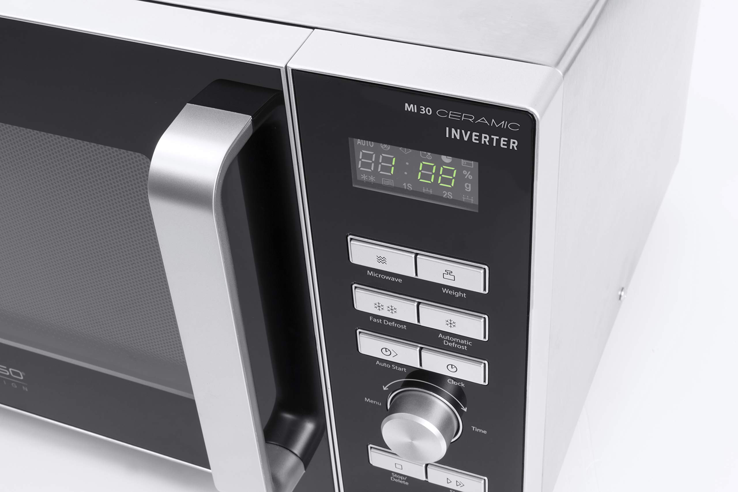 CASO MI 30 Ceramic Mikrowelle, Testsieger Haus & Garten TestInverter-Technologie, CASOTEK Boden, 1000 Watt, 30 L Garraum, 8 Koch-Programme, Edelstahl Gehäuse, Silber