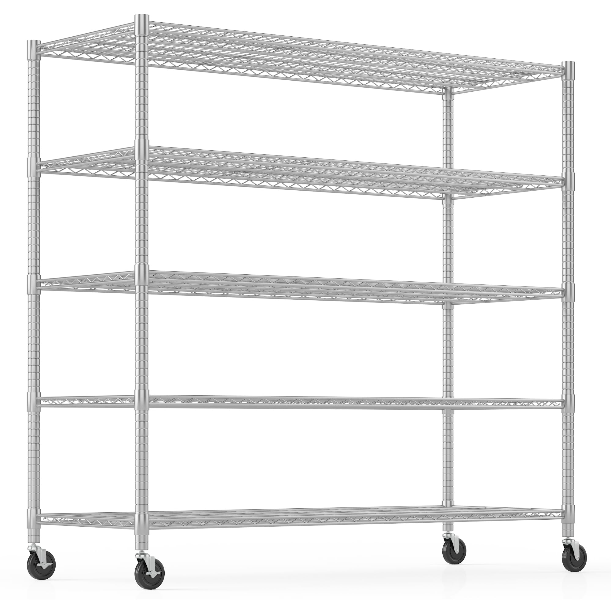 Himimi 60" W Storage Shelves, 5-Tier Wire Shelving with Wheels 3250LBS Heavy Duty Metal Shelves for Storage, Adjustable Wire Rack Shelving for Garage Kitchen Pantry 24" Dx60 Wx82 H, Silver