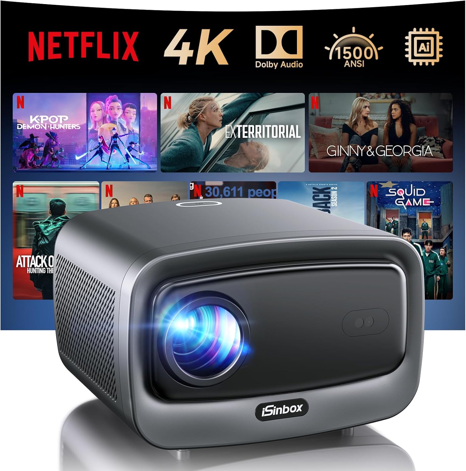 [1500 ANSI/Auto Focus/Built-in APPS] Smart Projector 4K with WiFi 6 and Bluetooth 5.3, 6D Keystone Outdoor Movie Projector with Netflix& 36W Dolby Audio Plus HDR10+ Home Theater Ceiling