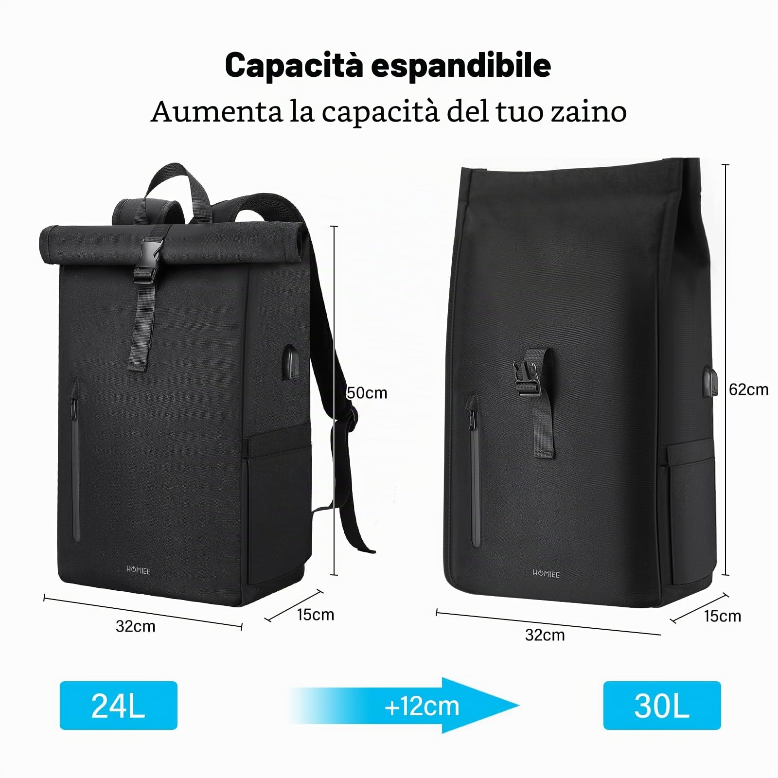HOMIEE Zaino Rolltop Uomo Donna Zaino Porta PC 17,3 Pollici Zaino da Viaggio Espandibile 24-30L Zaini Uomo Lavoro Impermeabile Zaino Arrotolabile Antifurto con Porta di Ricarica USB