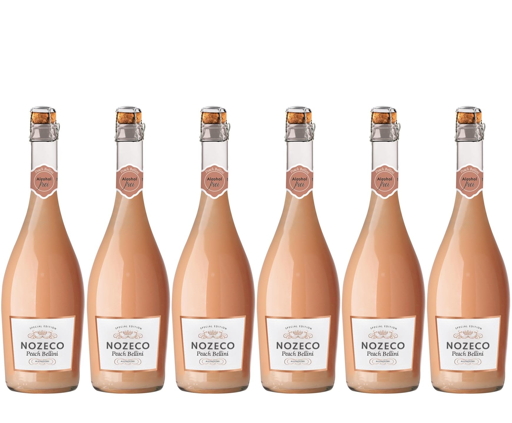 Nozeco Peach Bellini - Cocktail Sans Alcool prêt à boire à base de vin désalcoolisé aux arômes naturels de pêche - Vegan (6 x 0.75 l), 4500.0 millilitre, 4.5 liters