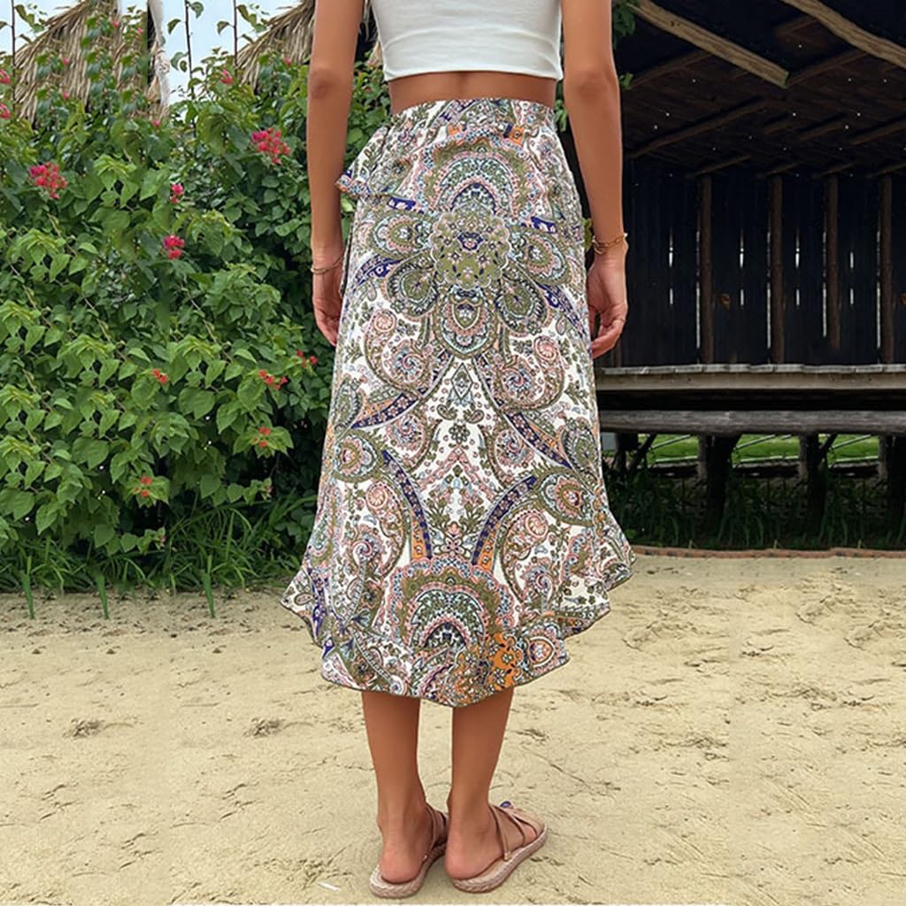 Mujeres Boho Floral Imprimir Wrap Lazo Ruffle Hem Split Midi Falda Verano de Gasa Flowy Playa Faldas Midi