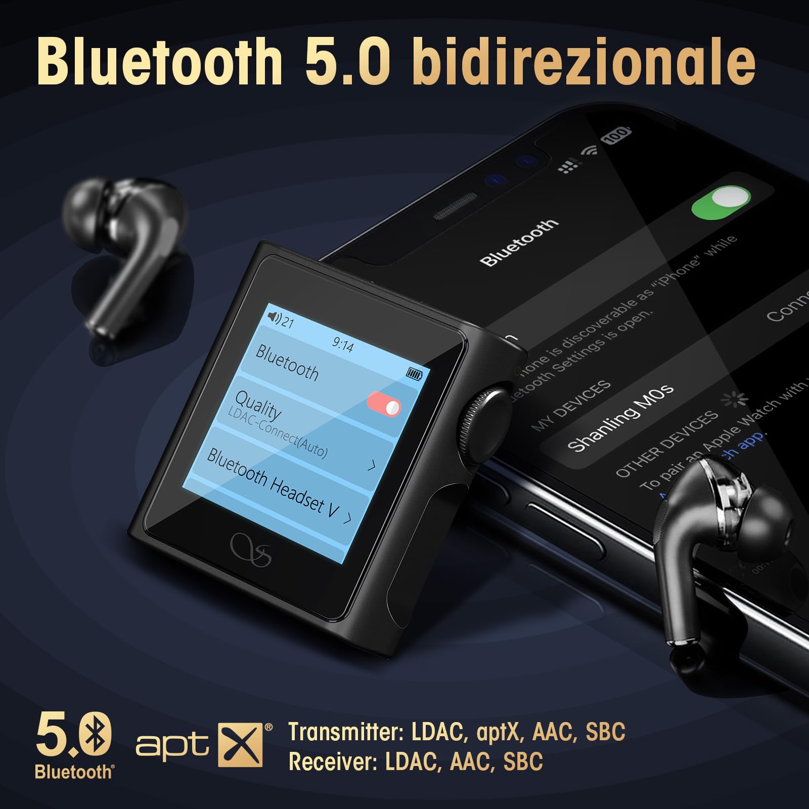 SHANLING M0s - Lettore MP3 Hi-Fi, mini DAC, AMP HD Touch screen, Bluetooth 5.0, supporta audio stereo senza perdita con scheda SD da 2 TB per sport, jogging e allenamento (Titanio, Without SD Card)