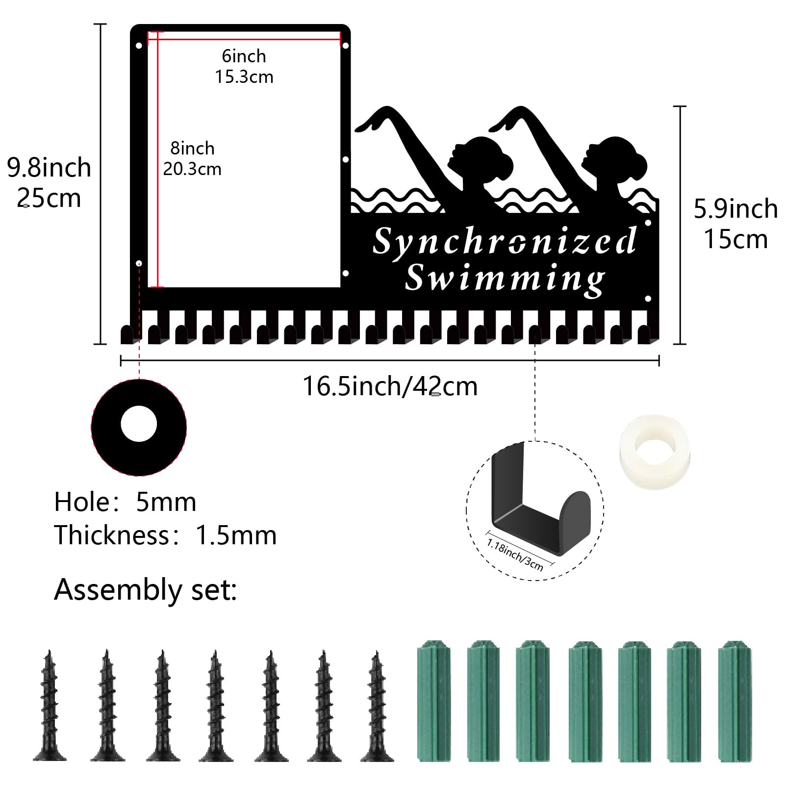 CREATCABIN Appendiabiti per Medaglie di Nuoto Sincronizzato, Porta Medaglie per Il Nuoto, con Cornice per Foto, Supporto Da Parete per Premi per Atleti, per Sport In Metallo, con 20 gancio per 42x25cm