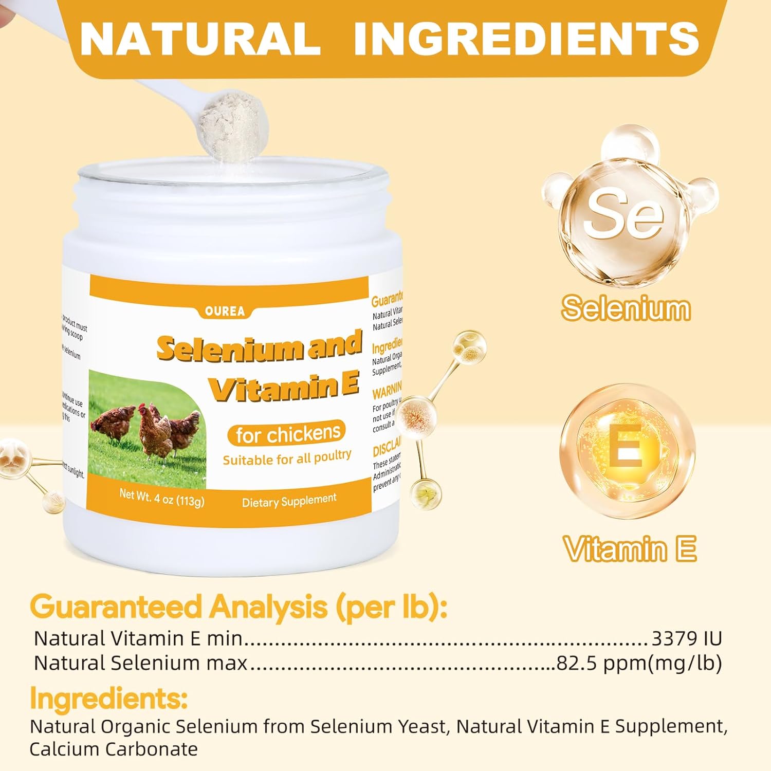 Selenium and Vitamin E Powder for Chickens, Selenium for Chickens, Immune System, Muscle Support & Prevents, Improve Wry Neck, Selenium, Vitamin E Supplements, Suitable for All Poultry, Chicken & More