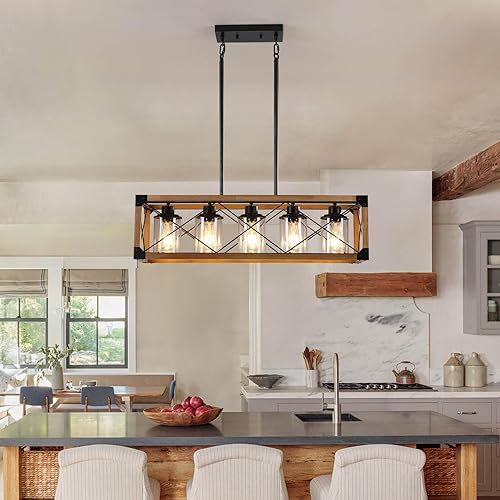 Miniatura 5 de Lámparas colgantes rústicas de casa de campo, candelabros para comedor y cocina, accesorios de luz de isla de 5 luces, candelabro de madera sobre la