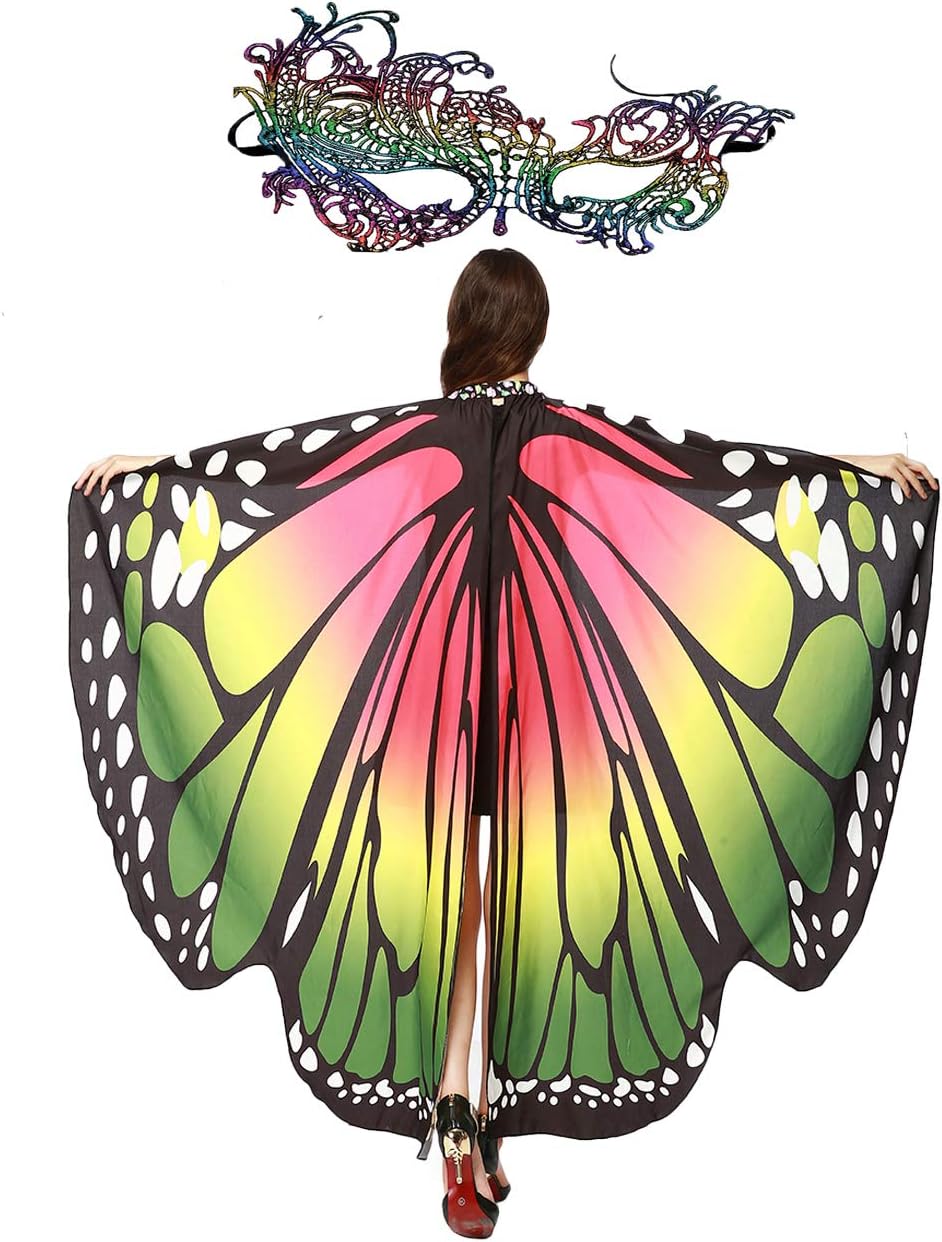 Women Butterfly Wing Cape Shawl Adult Costume with Lace Mask for Ladies Halloween Dress Up Party