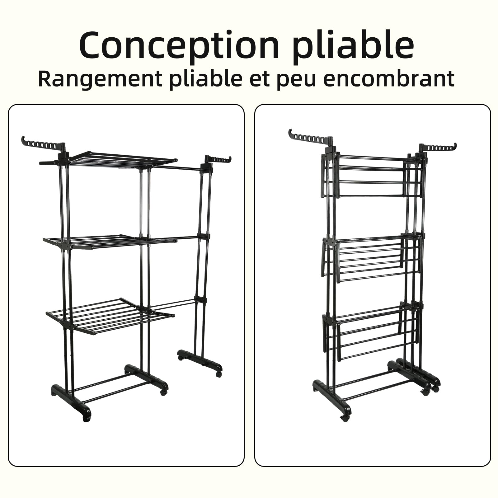Tendedero de ropa de 4 niveles – Secador de ropa plegable con ruedas, tendedero interior y exterior de acero inoxidable, gran secadora de ropa para lavandería, balcón, 142,5 x 64 x 170 cm (negro)