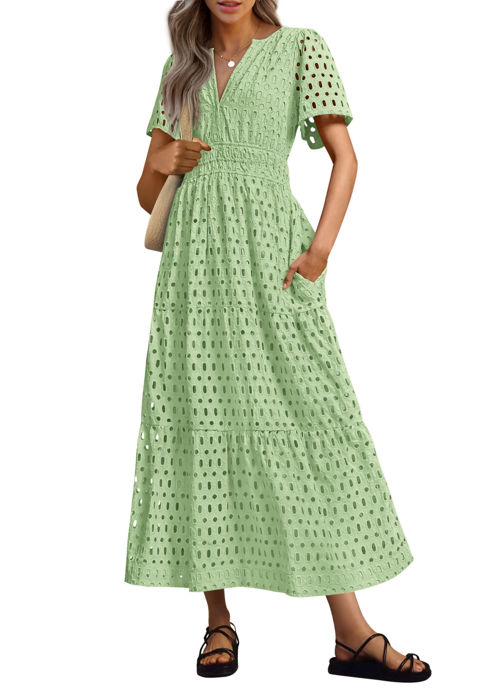 PRETTYGARDEN Womens 2026 Summer Maxi Dress Short Sleeve V Neck Hollow Out Eyelet A Line Long Flowy Beach Vacation Dresses