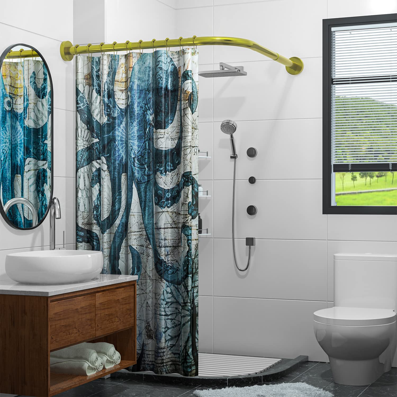 SIKAIQI Rekbaar 304 roestvrij L-vormige badkamer badkuip hoek douchegordijn stang rek (wit 27-39 x 27-39), boor gratis te installeren, voor badkamer, kledingwinkel, privéruimte