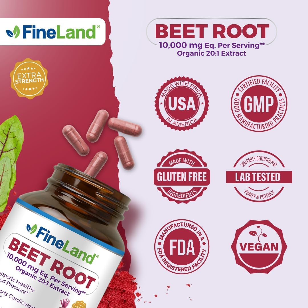 FineLand Beet Root Capsules | Blood Pressure Support 10,000mg Equivalent per Serving | 20:1 Extract,120 Vegan Capsules – Immune System, Circulation & Heart Health – Non GMO, Made in USA - Image 6