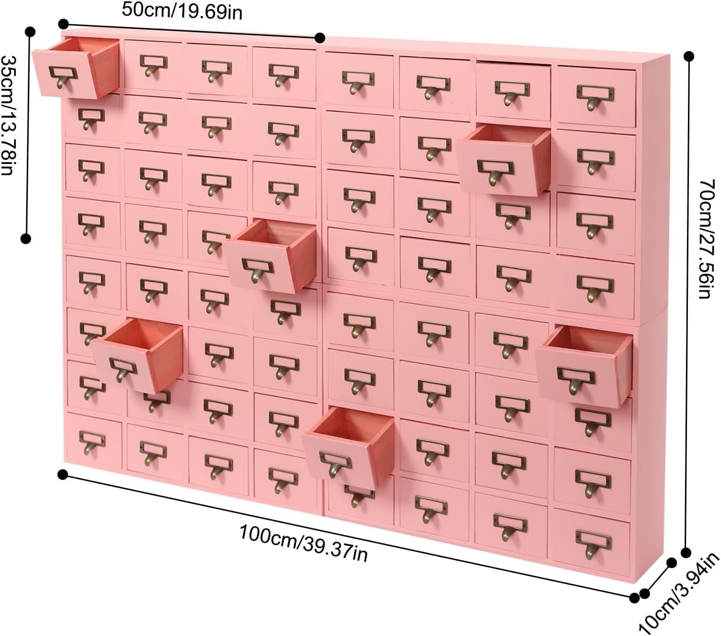 64-Drawer Wooden Cabinet, Rustic Herb Apothecary Storage Box, Tabletop Library Card Catalog Cabinet w/Label Holders Handles, 4Pcs 16 Drawers, Desk Drawer Organizer Medicine Furniture, Pink