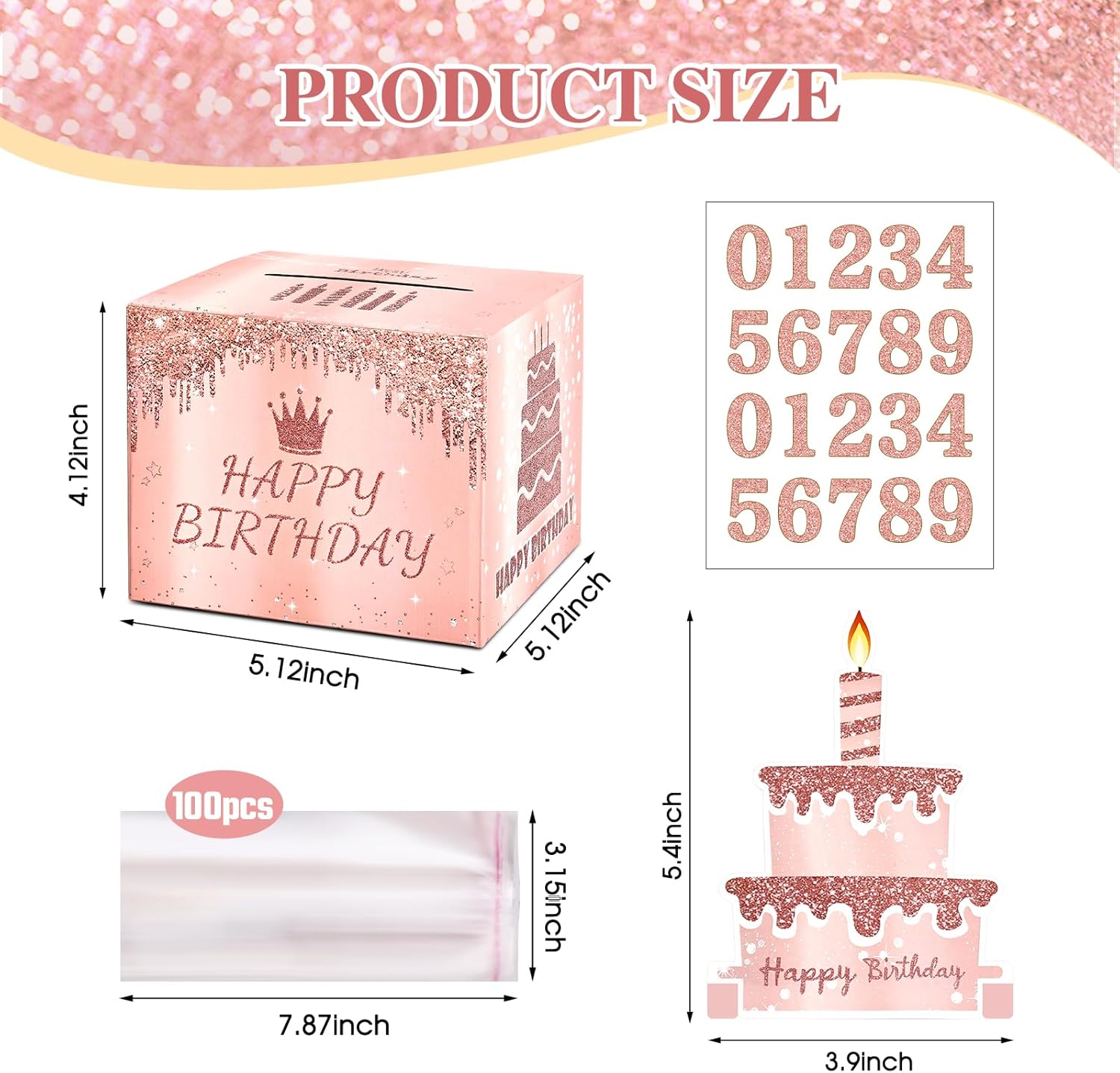 Birthday Money Pull Box for Cash Gift with DIY Self-Adhesive Stickers for Any Age, Happy Birthday Money Box for Cash Gift Pull Out Cake Card and 100Pcs Bags, Party Decor Ideas-Pink - Image 4