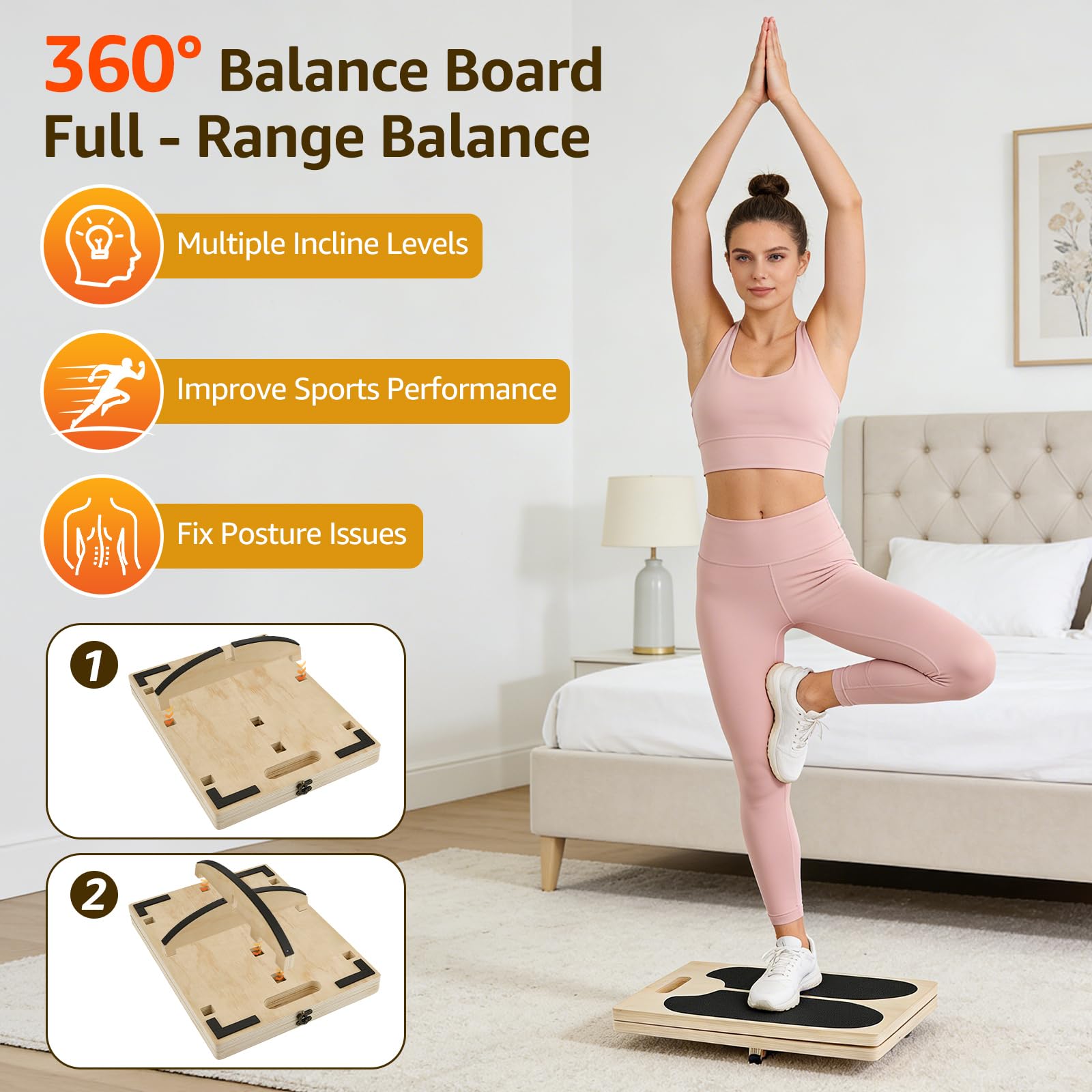 Balance Board 3-in-1 in Legno Portatile, Angoli Regolabili, Maniglia