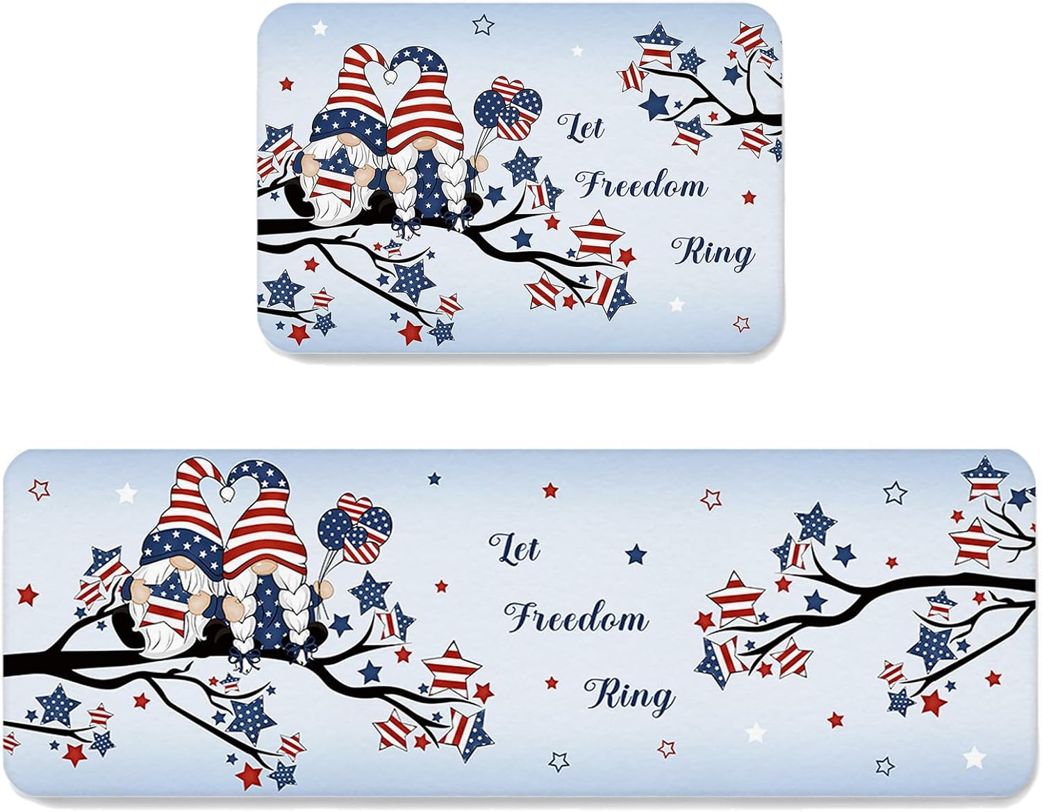 Prime Leader Independence Day Kitchen Mat Set 2 Pieces Gnome Fourth of July US Flag Star Light Blue Non Slip Kitchen Rugs Washable Runner Rug Mats for Sink Laundry (23.6" x 35.4"+23.6" x 70.9")