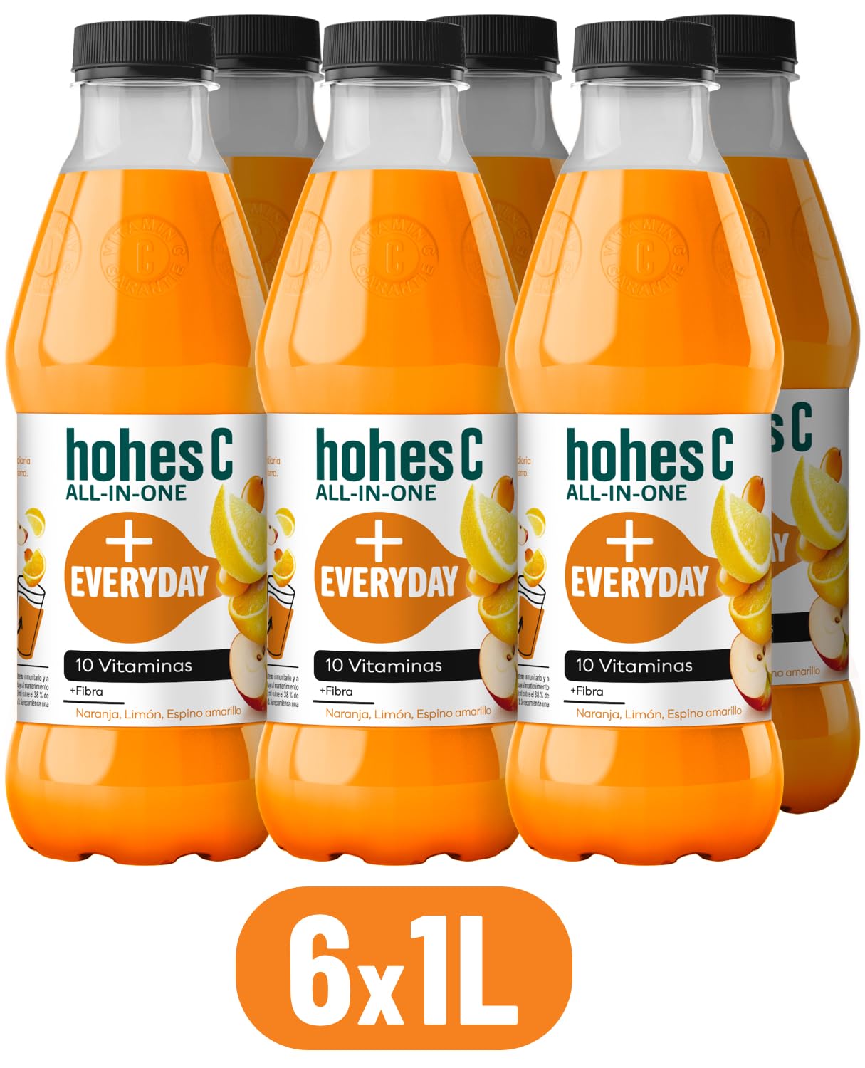 hohes C All in One Everyday Multifrutas de Naranja, Limón, Espino Amarillo con 10 vitaminas, Hierro y Fibra- Pack 6 x 1L