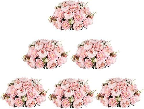 BLOSMON Bolas de flores artificiales, centros de mesa de boda, 6 piezas de 13.3 pulgadas, peonías falsas rosas, decoración para mesa, bola de beso,