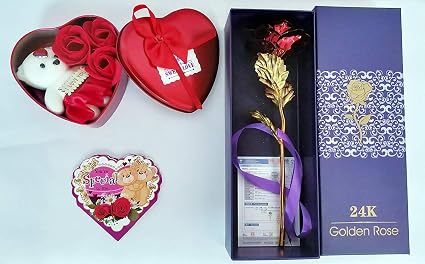 Saudeep India Trading Corporation Set of Teddy in Heart Shaped Box with, Beautiful Greeting Card and a Buke