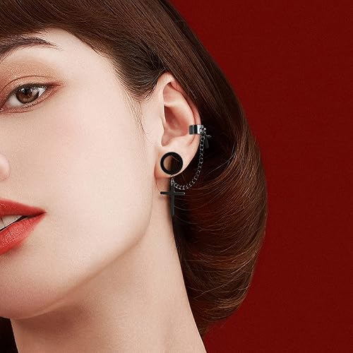 Vista 5 de Longbeauty 2 pares de túneles de oreja cruzados de acero quirúrgico, dilatadores de oreja a la moda, dilatadores expansores, piercings negro