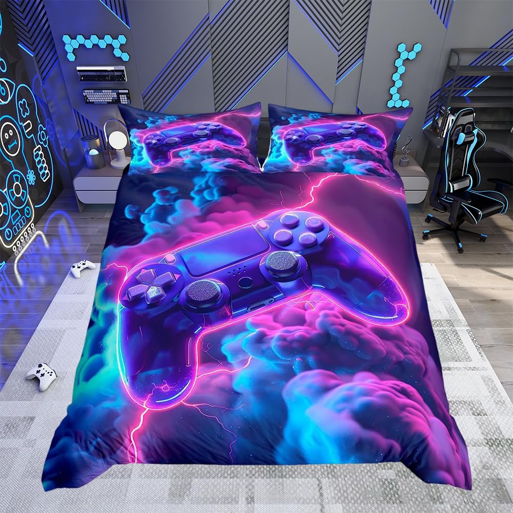 Loussiesd Gamer Duvet Cover Gaming Bedding Set for Kids Boys Girls Room Decor Game Room Decor Gamepad Game Flash Cloud Comforter Cover Set Single Size Gradient Purple 2Pcs Zipper
