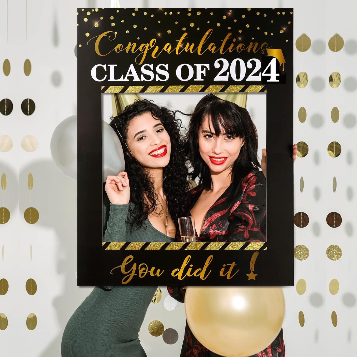 POPGIFTUGraduation Party Photo Booth Props 2024 Glitter Graduation Photo Frame, Black Gold Graduation Selfie Photo Frame, Class of 2024 Grad Party Supplies for College High School