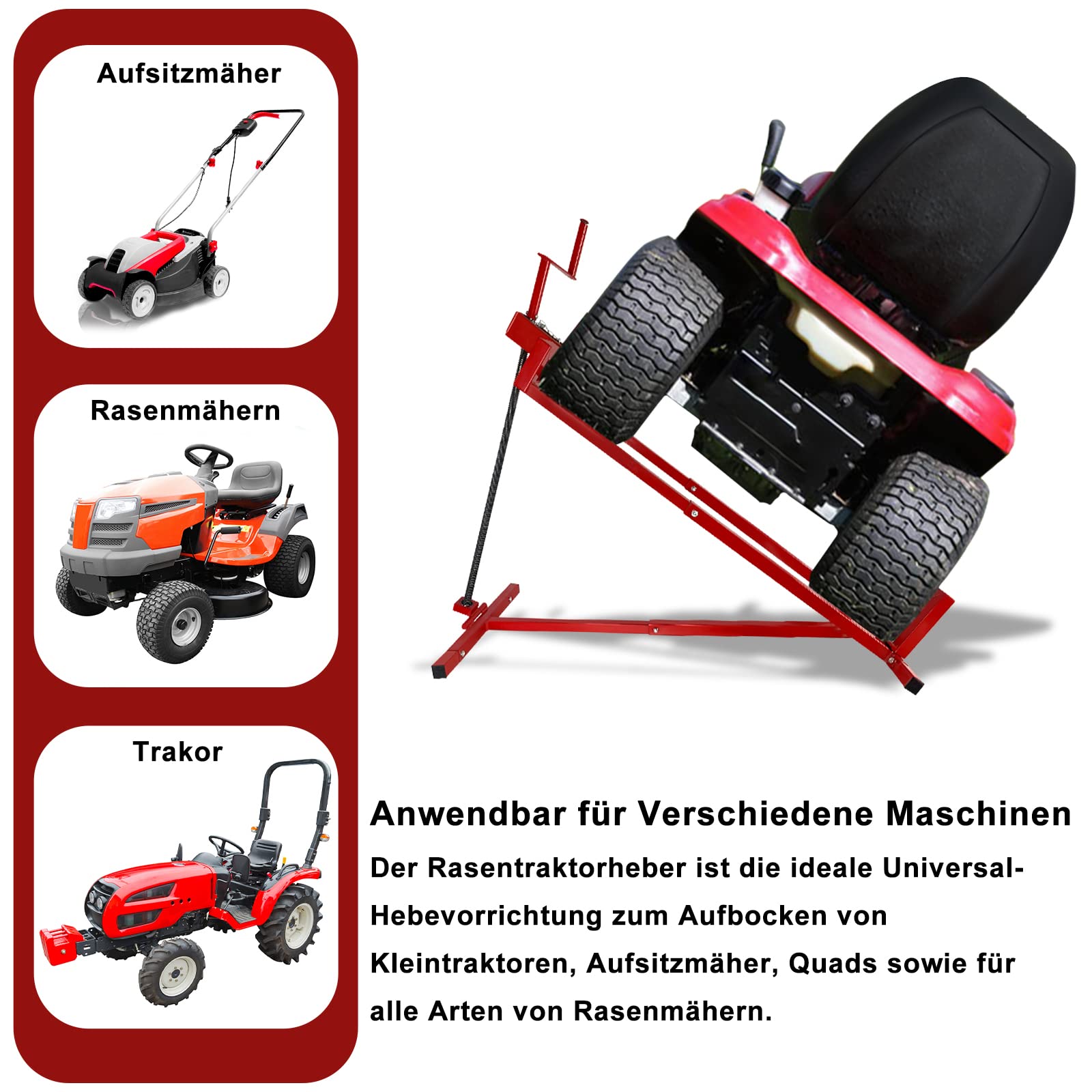 XMTECH Rasentraktorheber Hebevorrichtung Rasentraktor Rasenmäher Lifter 45° Neigung verstellbar, 400KG Hebebühne Hebevorrichtung für Aufsitzmäher Reinigungshilfe Universal, Rot