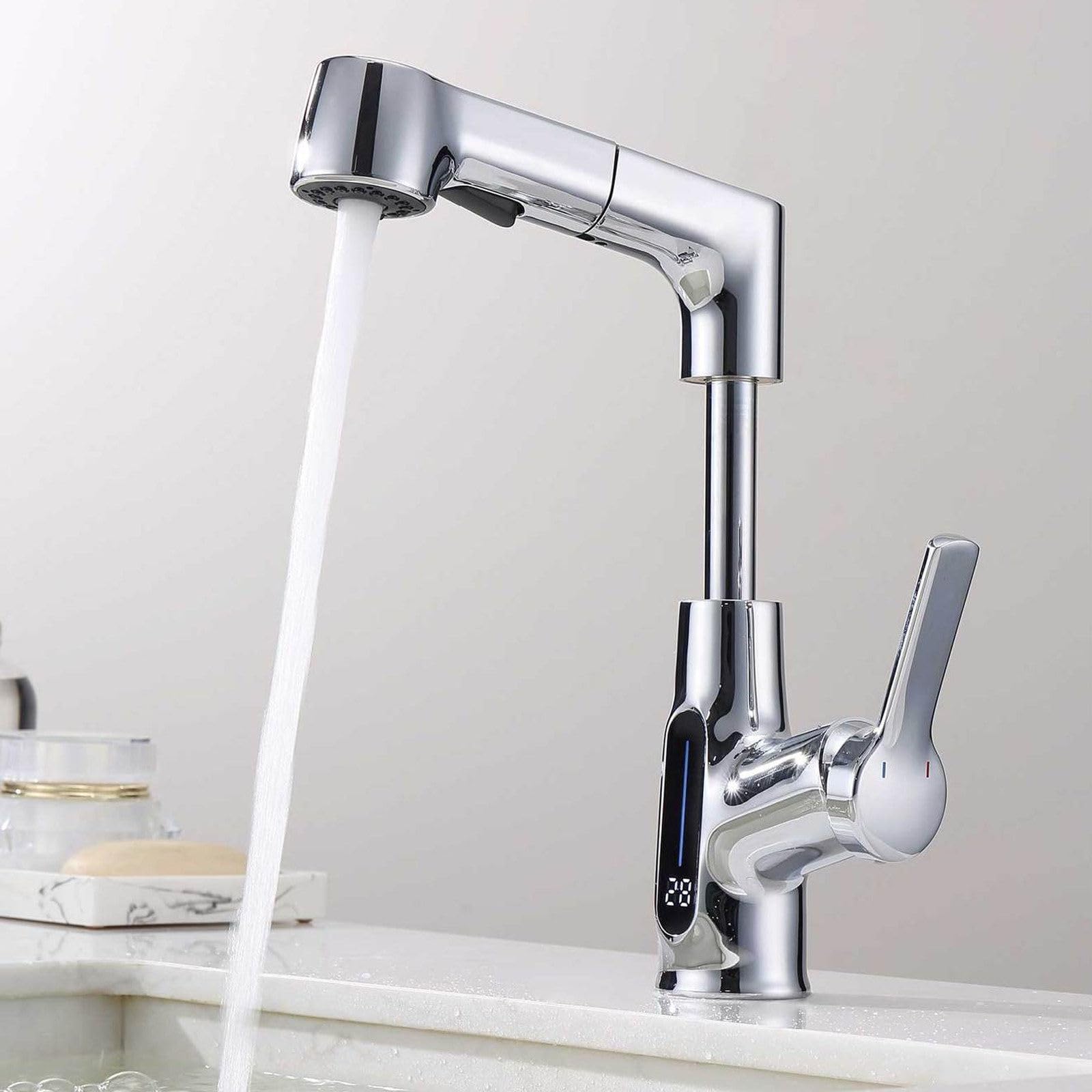Lavabo de baño de PU de 1 Orificio y 2 Modos con rociador de PU, Lavabo con Pantalla Digital de Temperatura, Lavabo de sobreponer, PU para Lavabo de baño