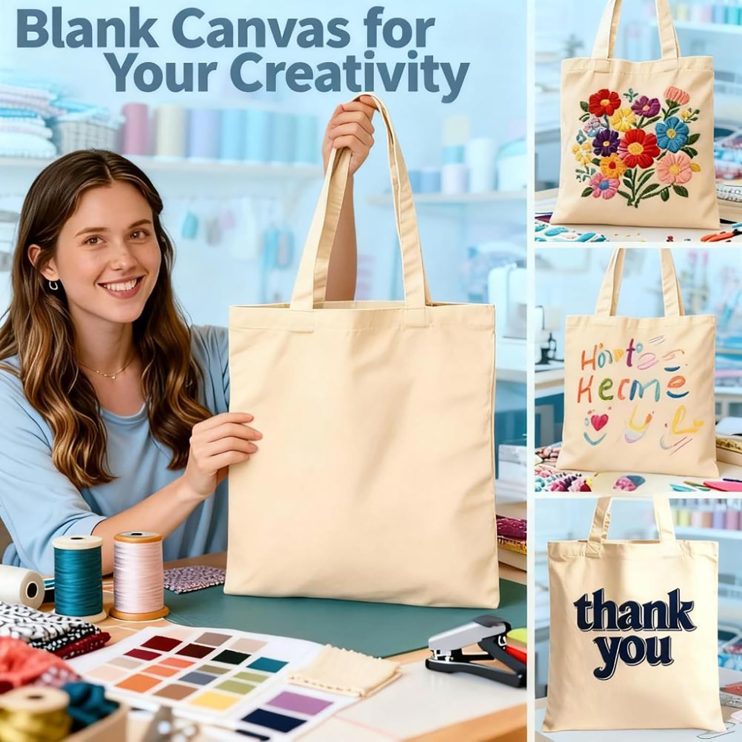 WeStar 50 Pack Canvas Tote Bags 15.7 x 13.8 Inch, 10oz Blank Natural Tote Bags for Sublimation, HTV, Screen Printing, Embroidery, Retail Packaging, Promotional Events