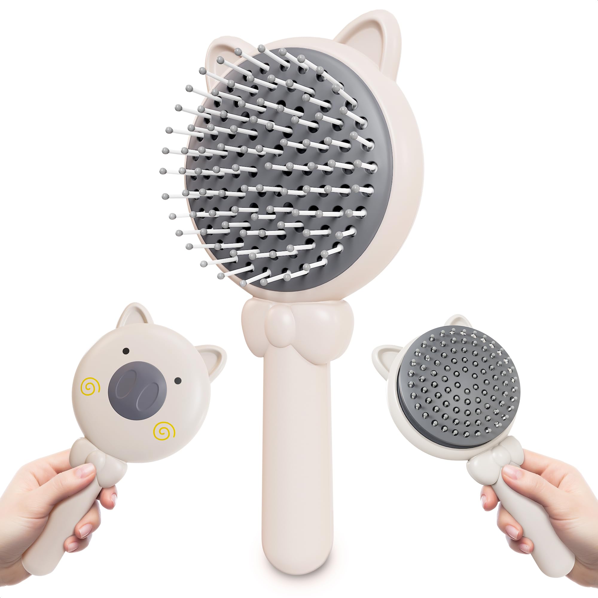 Self Cleaning Hair Brush for Women, Pig Design, 7.87"х3.66" (White) | Retractable Hair Brush Self Cleaning with Soft Bristles, Easy to Clean, Magnetic Attachment, for Travel and Everyday Use