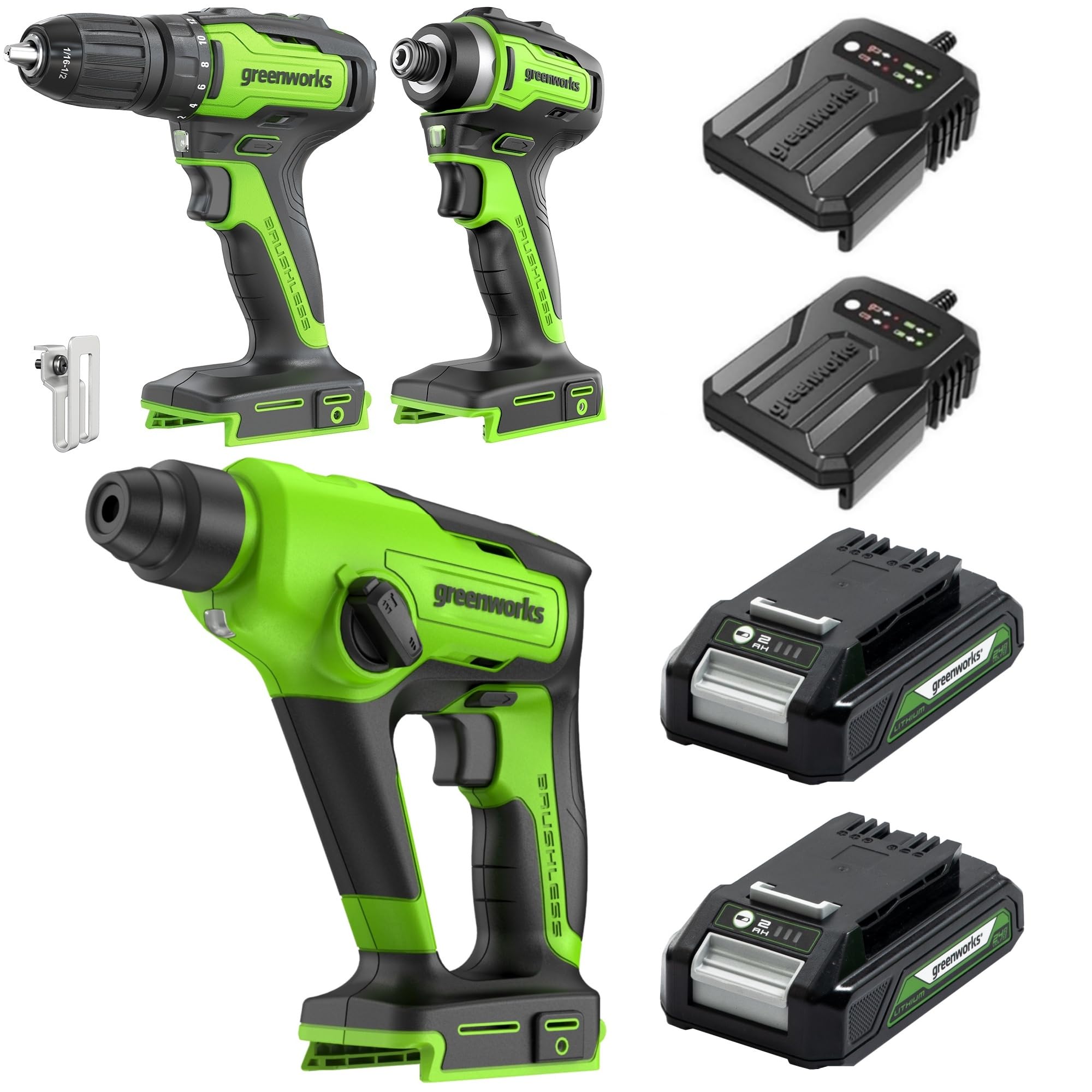 Greenworks 24V 3‑teiliges Akkutool-Set, bestehend aus Akkuschrauber (35 Nm), Akku-Schlagschrauber (220 Nm), 1.2J Akku-Bohrhammer, 2 Akkus und einem Ladegerät