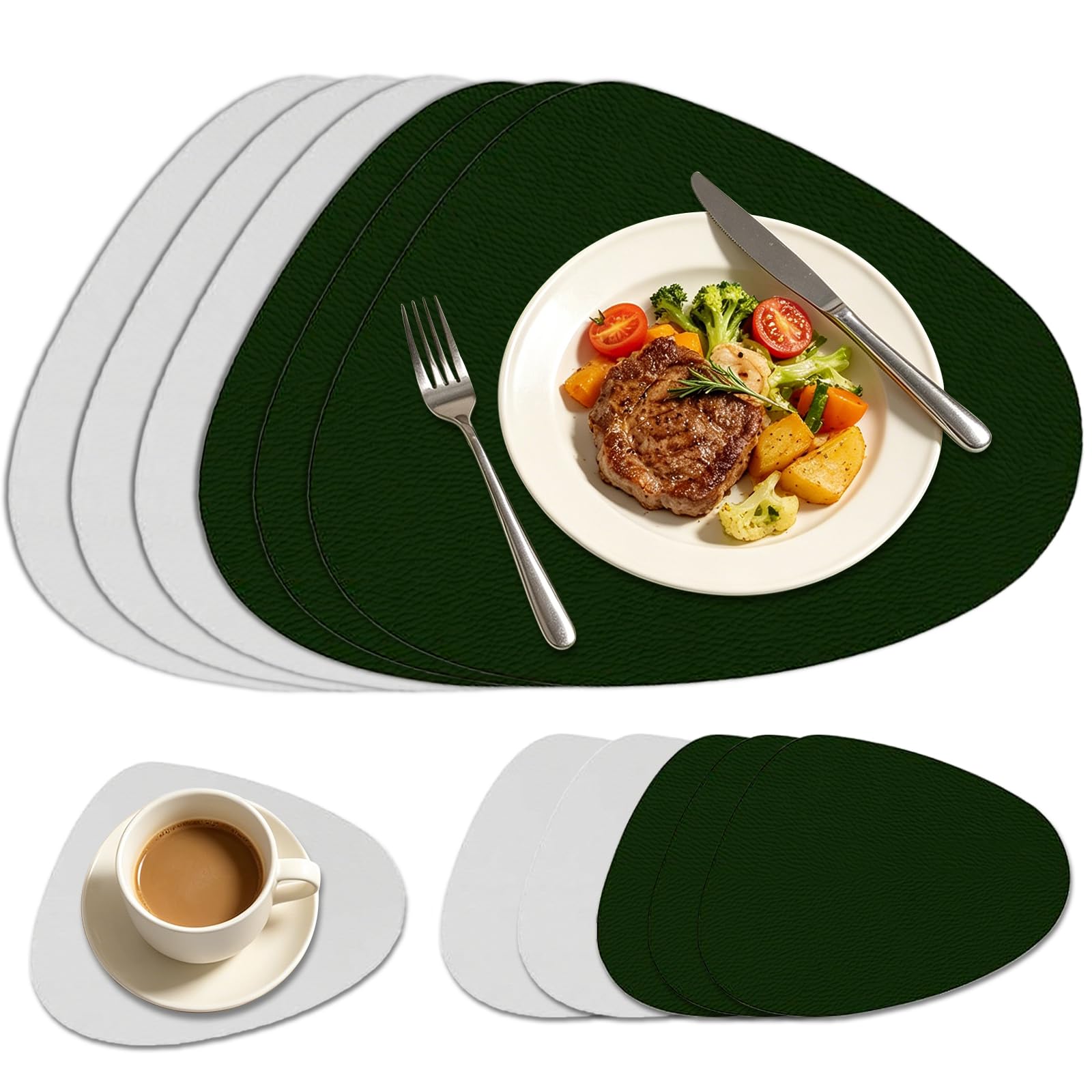 Tischsets Doppelseitig Leder und Untersetzer,Platzsets Abwaschbar und Wasserdicht，Multifunktionale Tischsets für den Gebrauch zu Hause und im Büro(Dunkelgrün/Grau,Satz von 6)