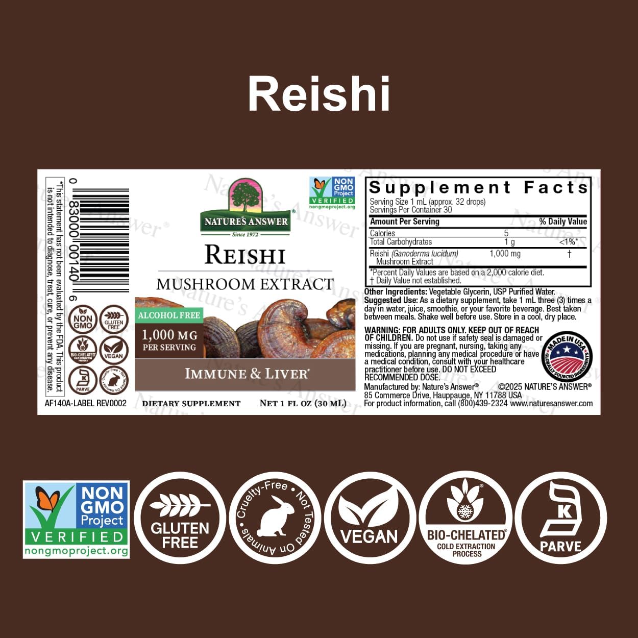 Nature's Answer Reishi, Mushroom Extract, Alcohol Free, 1 fl oz (30 ml) - Image 2