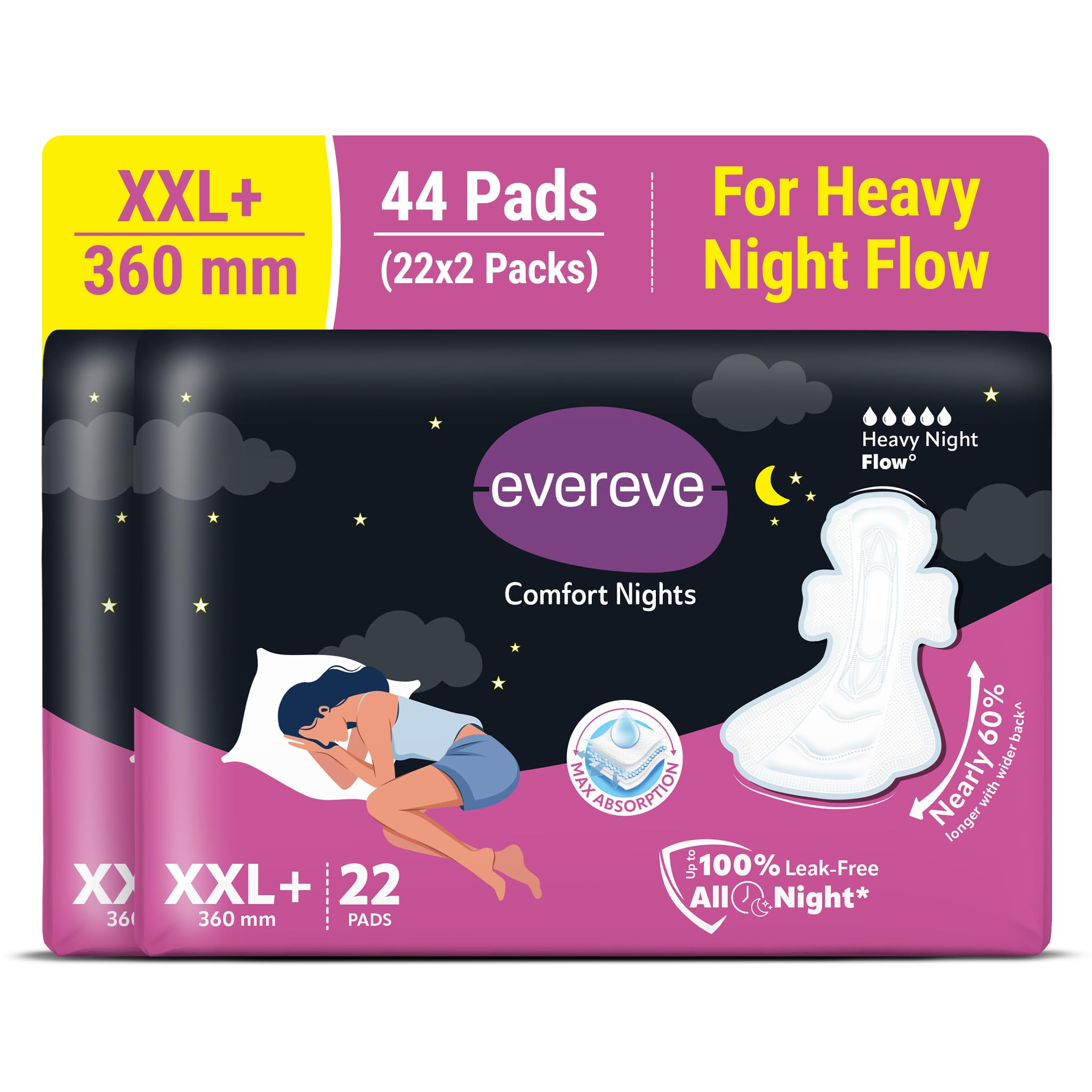 Evereve Comfort Nights Sanitary Pads XXL+ 360mm, 60% Longer with Wider back For All Night Care, Heavy Night Flow Absorption, Up to 100% Leak Protection, Rash-Free Breathable Comfort, Pack of 22x2