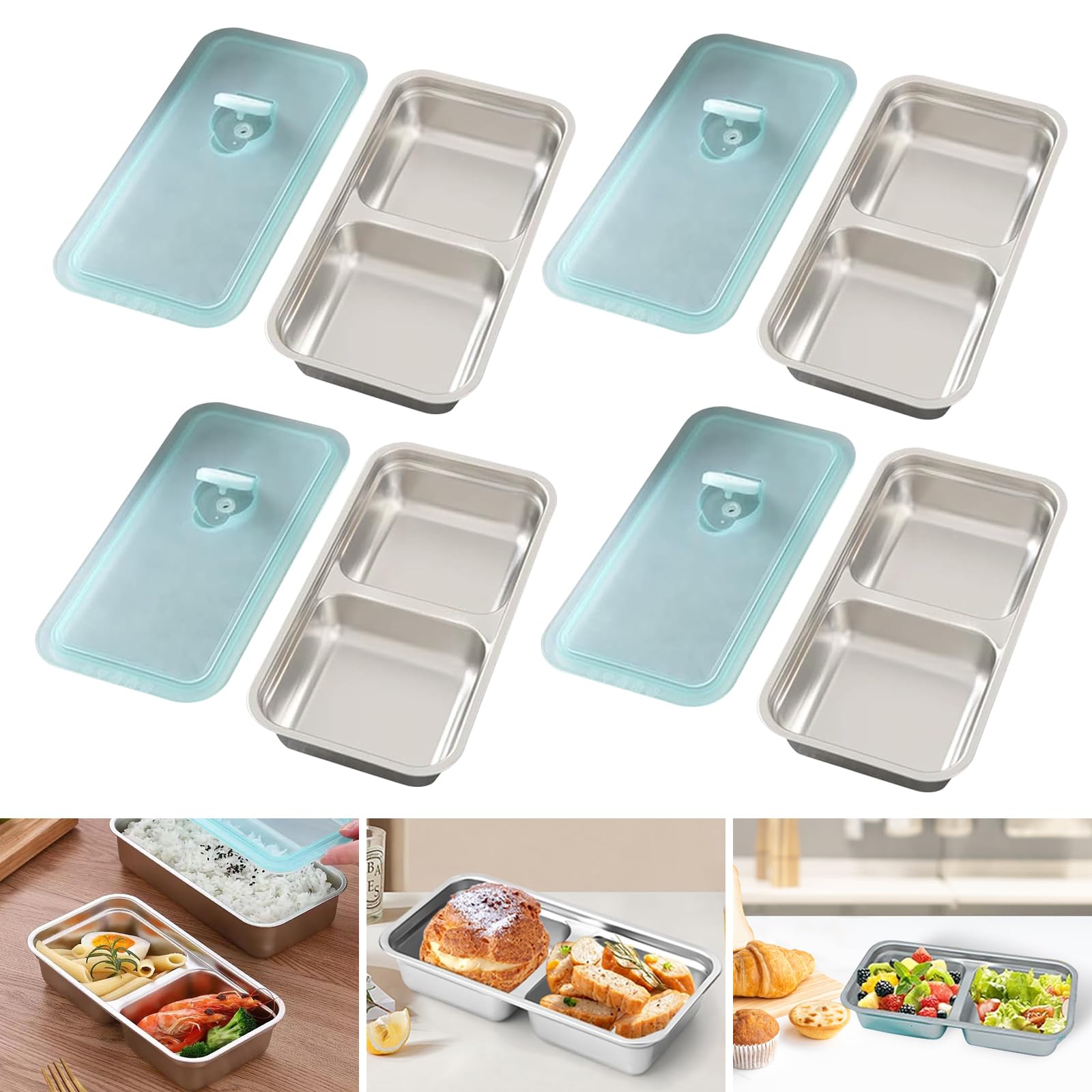 Grab and Go - Contenitori per snack riutilizzabili, in acciaio inox, a doppio scomparto, lavabili in lavastoviglie, contenitori riutilizzabili per condimenti con coperchi, snack, salse, da asporto