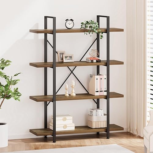 HSH Industrial 4 Tier Bookshelf, Modern Metal and Wood 4 Shelf Bookcase Etagere, Farmhouse Open Wide Display Storage Bookshelves and Bookcases Heavy