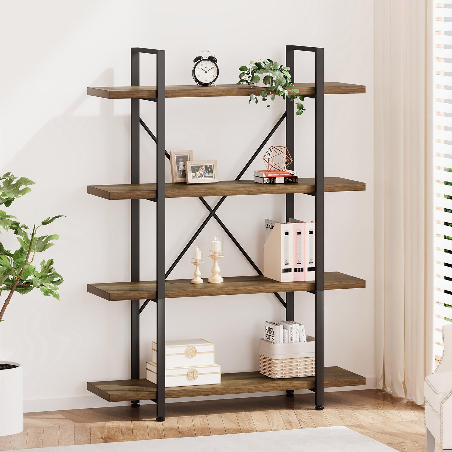 HSH Industrial 4 Tier Bookshelf, Modern Metal and Wood 4 Shelf Bookcase Etagere, Farmhouse Open Wide Display Storage Bookshelves and Bookcases Heavy Duty for Bedroom Living Room Office, Rustic Oak