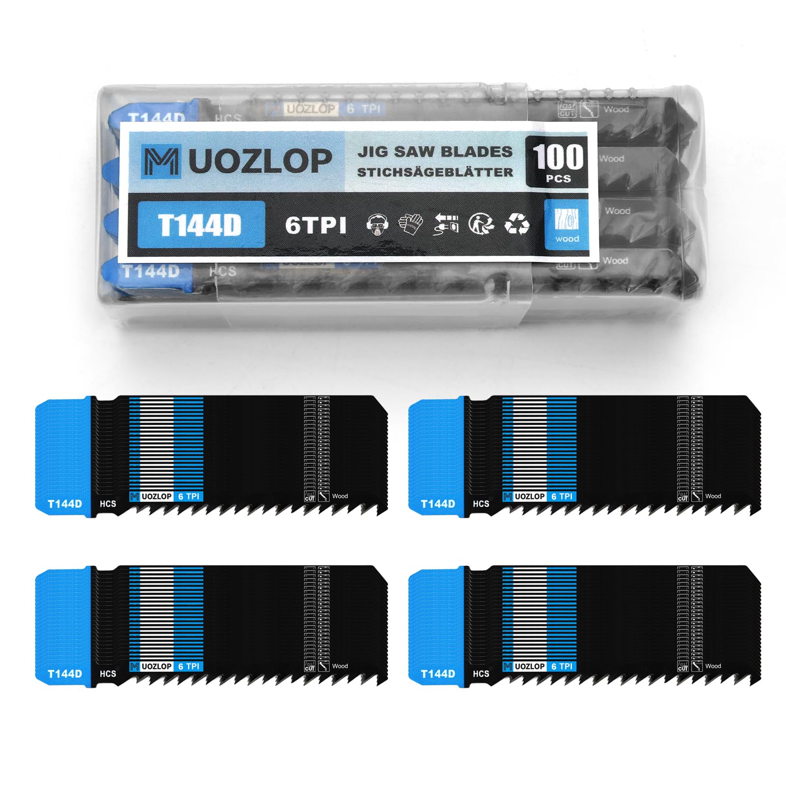 100 szt. T144D brzeszczoty do wyrzynarki, 6TPIJig Brzeszczoty do piły z futerałem do przechowywania, z chwytem T do cięcia drewna (100 szt. T144D)