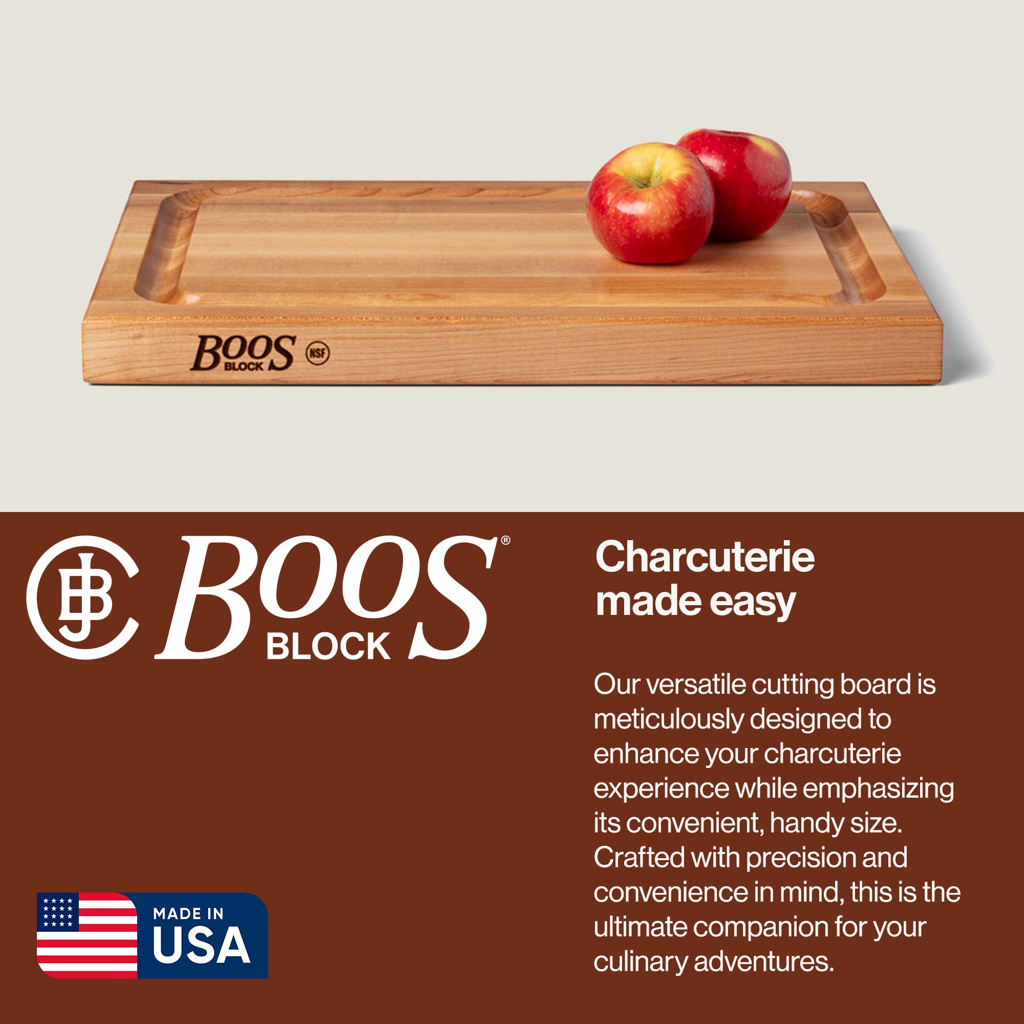 Boos Blocks® BBQBD Pro Chef deska do krojenia z drewna klonowego firmy John Boos – 46 x 31 x 4 cm – z rowkiem na sok, obustronne zagłębienia uchwytowe