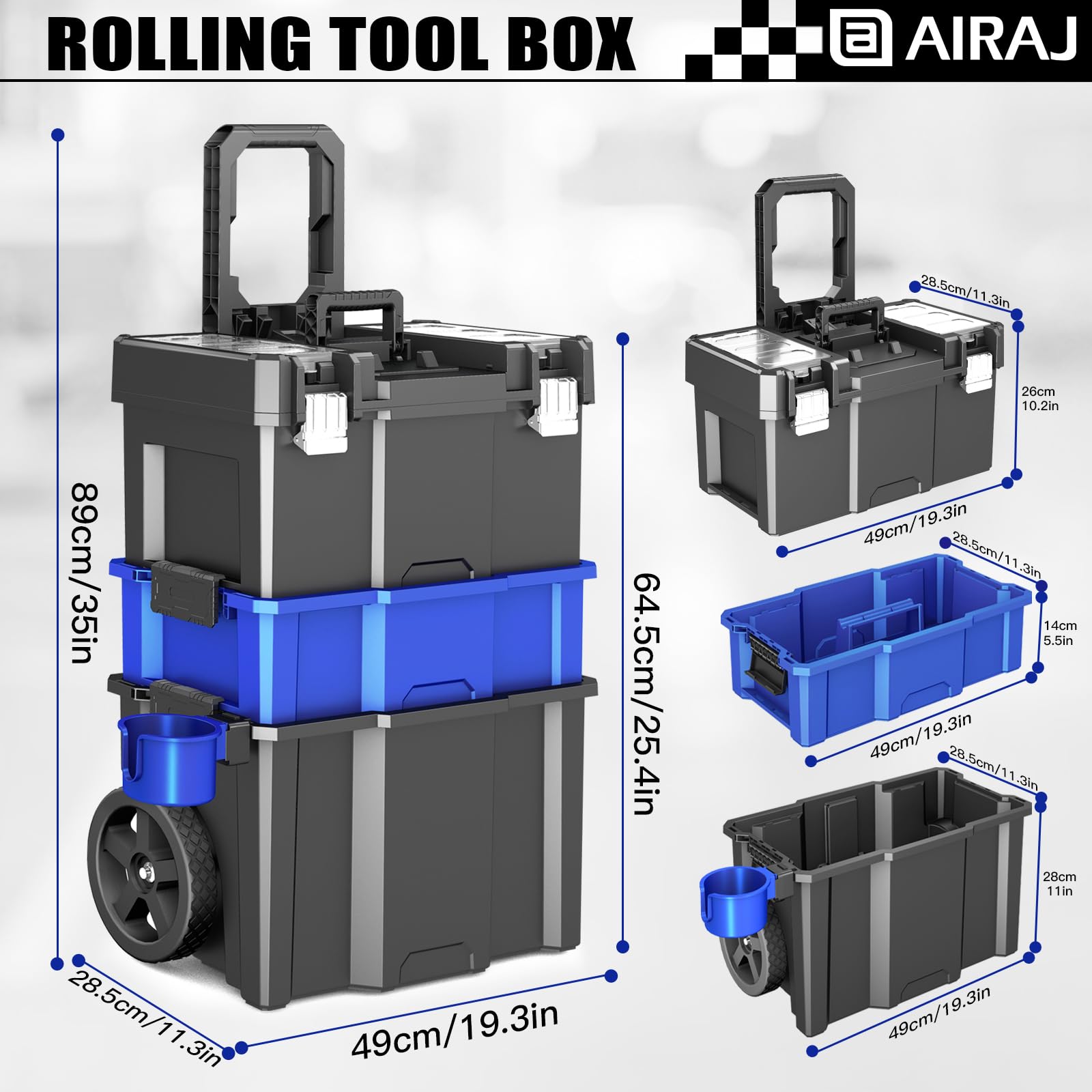 Caja Herramientas con Ruedas,Caja de Herramientas Portátil y Apilable de 3 Niveles,Caja de Herramientas Vacia Tipo Bandeja,Con Portavasos Desmontable,50 cm W x 31 cm D x 67 cm H